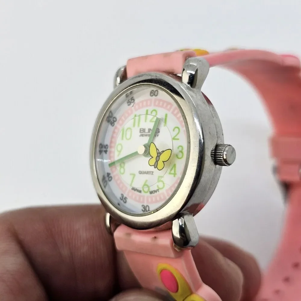 Floating Butterfly Second Hand Kids Watch 27MM White Dial Pink Bands New Battery